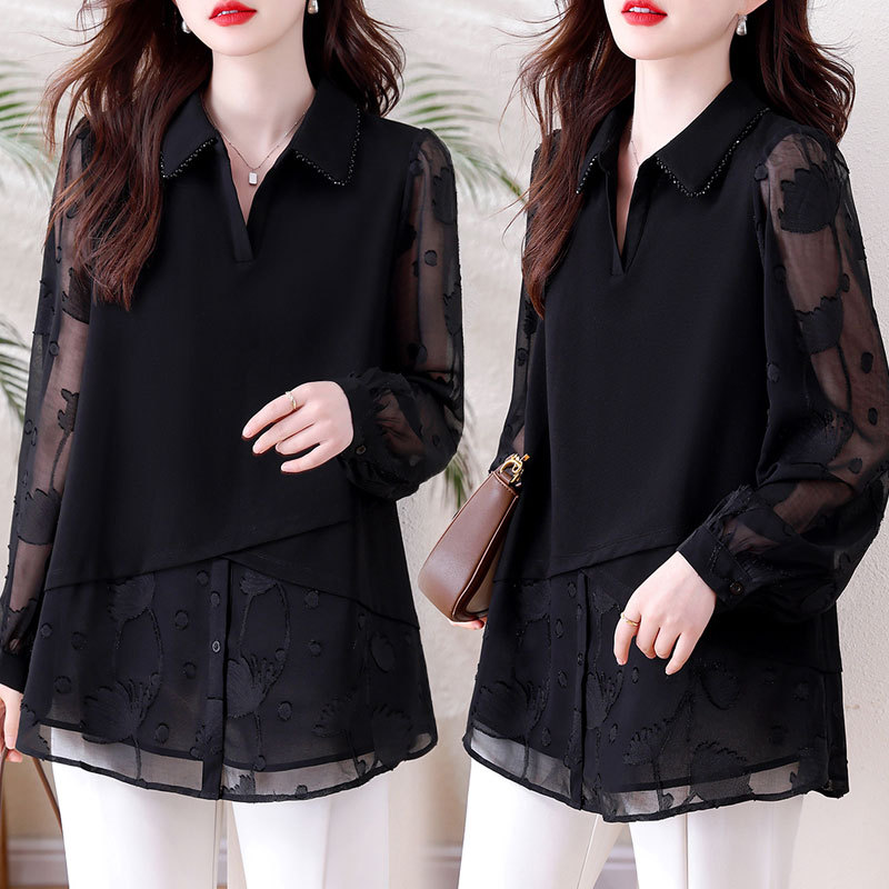Western-Style High-End Shirt for Women, Long-Sleeved, Spring New Style, Loose Fit, Rhinestone Jacquard, Light Luxury, Fake Two-Piece, Mid-Length T-Shirt