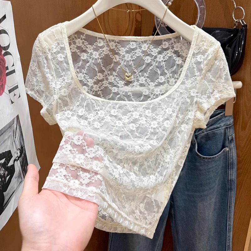 French-Style High-End Lace Blouse for Women, Short-Sleeved, New Summer Style, Pure and Sexy Style, Hollow Mesh Base Shirt Top
