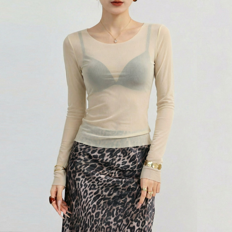 Apricot-Colored, Very Pretty Mesh Top, 2026 New Style, Large Neckline, Thin, Sheer, Stunning Lace Base Shirt That Can Be Worn Outside