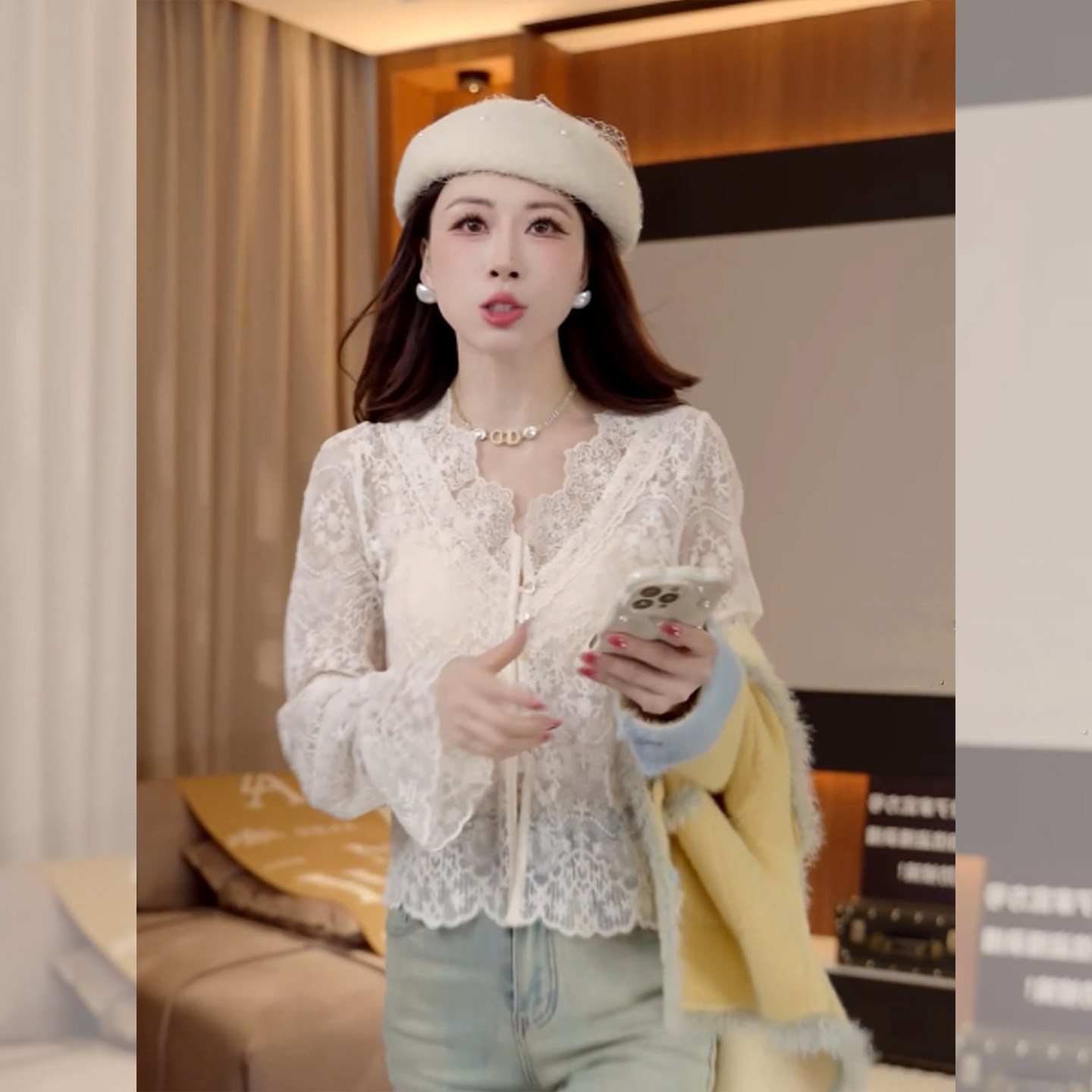 Модная вязаная крючком кружевная рубашка с V-образным вырезом, женская осенне-зимняя одежда нового стиля, уникальный повседневный свободный и тонкий низ с небольшим рубашечным верхом