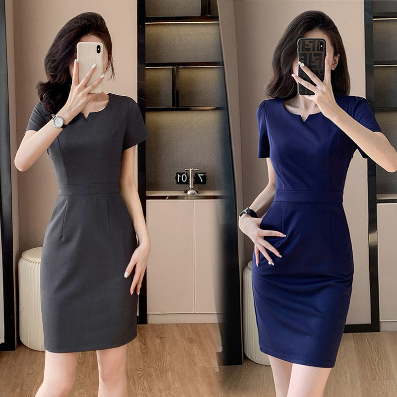Fashionable Navy Blue Short-Sleeved Dress for Women, Korean Style, Slimming, Ol Elastic Workwear for Beauticians and Jewelry Store Staff