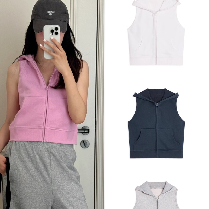 Autumn Single-Piece Outerwear, Four-Color Zip-Up, Soft Cotton Sleeveless Hooded Sports Sweatshirt Vest