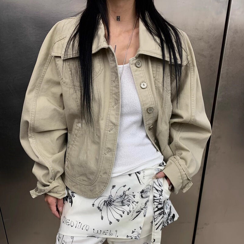 2025 Autumn/Winter New Heavyweight Sand Washed Multi-Buckle Distressed Oversized Waist-Cinching Short Jacket Coat Top