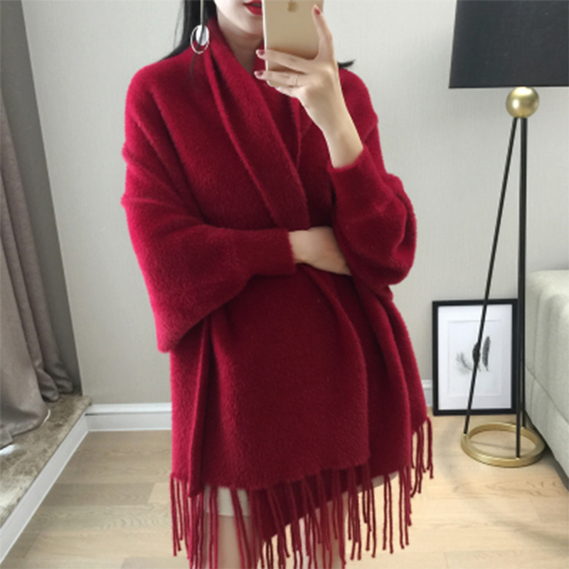 Women's sleeved mink velvet cape cape style autumn and winter warm bat-shaped fringed cape knitted cardigan cheongsam jacket