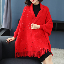 Autumn and winter new shawl scarf tassel with sleeves mink cashmere thick cloak red cheongsam wedding jacket female