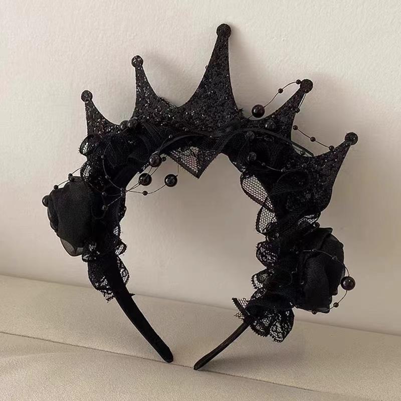 Black Rose Lace Crown Headband Halloween Hair Accessory Christmas Women's Holiday Costume Headpiece Sweet Cool Prop Hairpin
