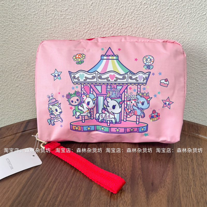 Cartoon Pink Carousel Unicorn Cosmetic Bag Large Storage Bag Zipper Portable Handbag
