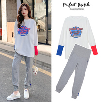 Maternity dress spring suit Net red spring and autumn top base shirt Medium and long maternity dress Western style two-piece suit