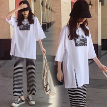 Maternity summer suit Cotton short-sleeved top striped belly pants two-piece set Net red foreign style age reduction out of summer