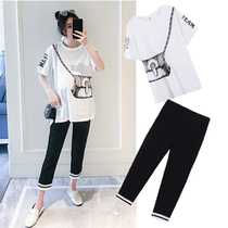 Pregnant womens summer suit Western style out short-sleeved top t-shirt sports net red two-piece set womens spring and summer do not show care