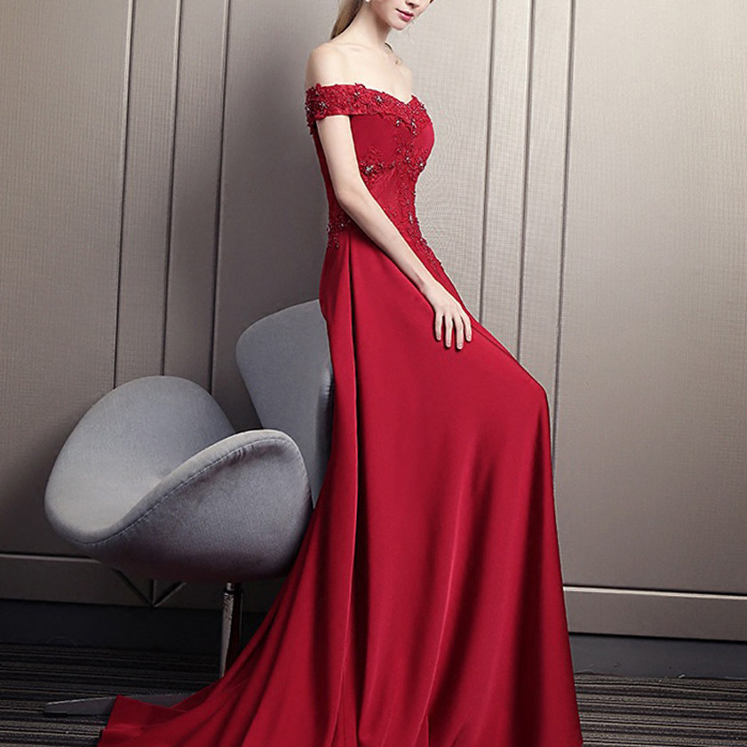 The Dust World Six Happy Evening Gown Dress 2021 New Solo Walk Show Out of the Shoulder Long Version Satin Annual Conference Dinner