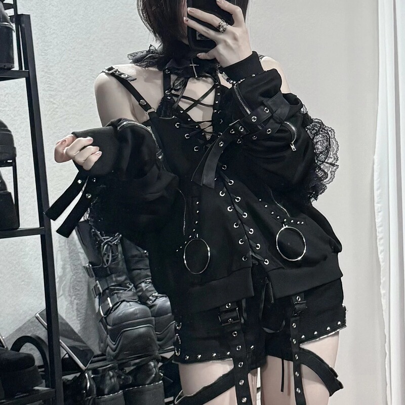 Rockfoxy【002-1】Night Walk Subculture Two-Piece Set with Camisole Jacket and Cute Sleeves