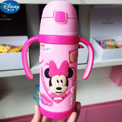 Baby drinking water bottle straw 1-3 years old children's thermos cup Silicone anti-fall cute cartoon portable water cup with handle