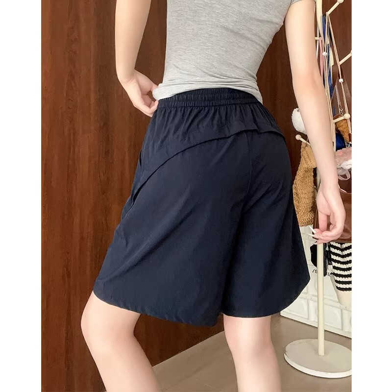 Navy Blue Workwear Sports Shorts for Women, Summer Loose Fit, Slimming High-Waisted Mid-Length Shorts for Petite Figures, Quick-Dry Casual Five-Point Pants