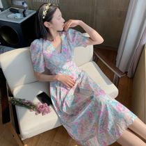 From a castle back garden Law style collection of cashew foam sleeves oil painting skirt v collar print Elegant Wind Za Broken Flowers dress