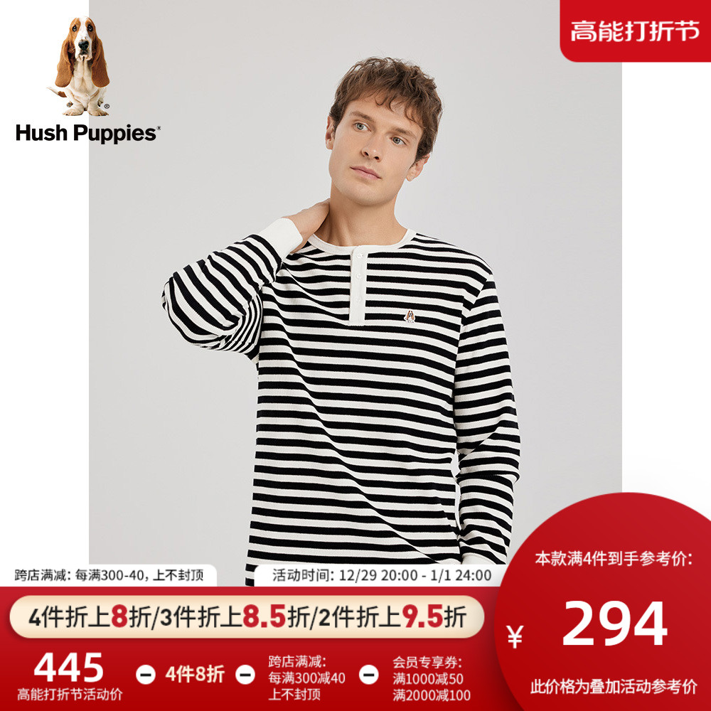 Hush Puppies Leisure Steps Men 2023 Fall loose casual Huffinger Striped Long Sleeve Round T-shirt-Taobao