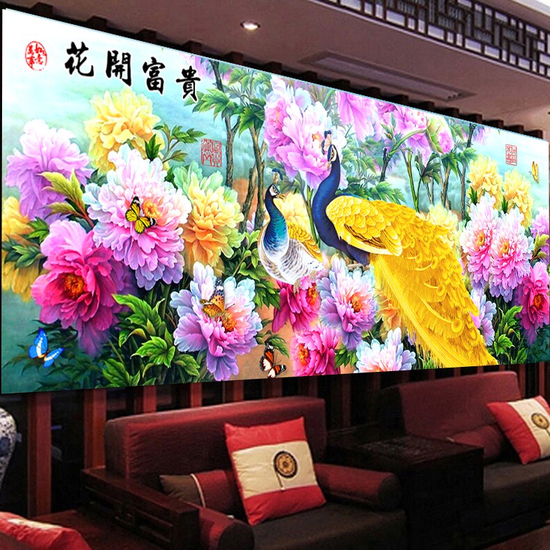 蒙娜丽莎十字绣新款花开富贵孔雀图 十字绣大幅客厅花卉满绣图