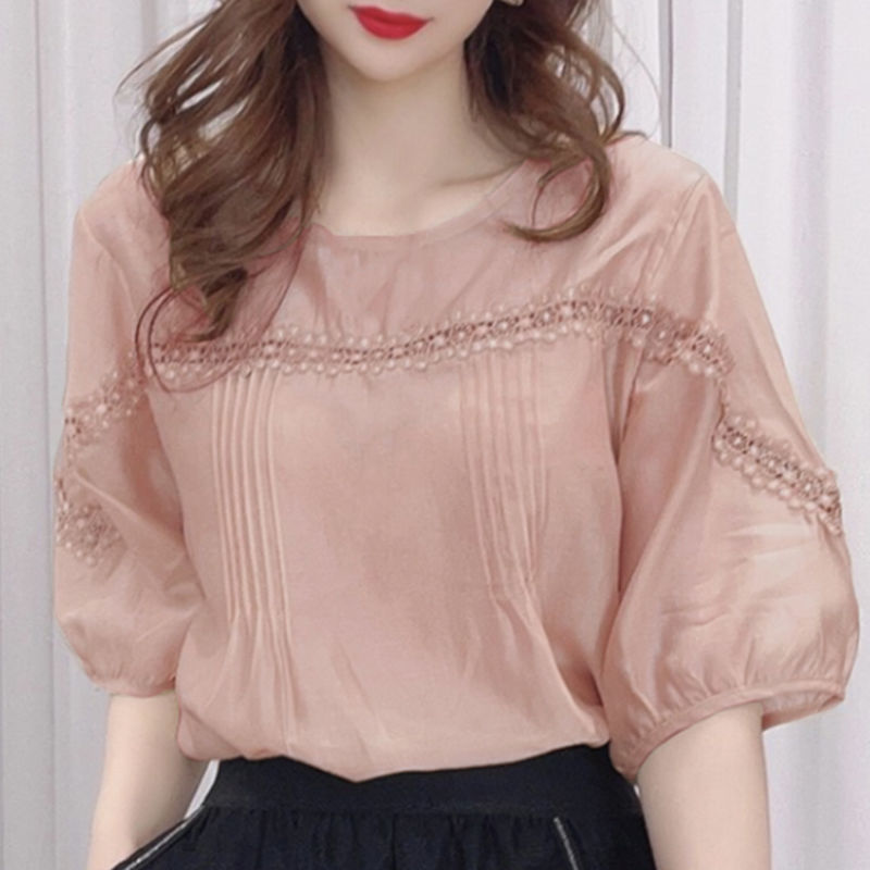 Clearance Sale~! Women's Pure Cotton Puff Sleeve Lace Patchwork Shirt, Loose Mid-Sleeve Top for Women, Withdrawn from the Store