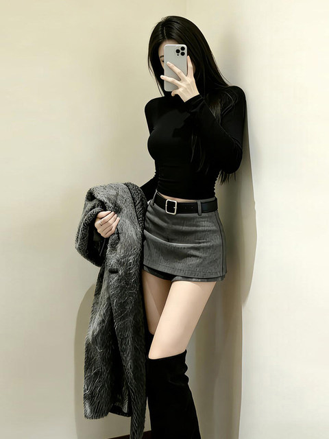 Pure Desire Style Black Long Sleeve T-Shirt for Women, Spring/Autumn/Winter 2026 New Model, Half-High Collar Slim Fit Base Layer Top