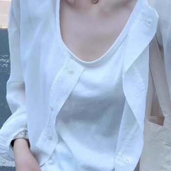 White U-Neck Snowflake Cotton and Linen Camisole for Women, Summer and Autumn, Lazy Style, Loose Casual, Slightly Sheer, Sleeveless Outerwear Top