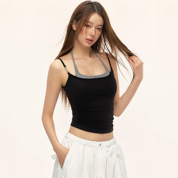 Halter Neck Faux Two-Piece Camisole for Women, Summer American Retro Style, Pure and Sexy, Backless and Off-Shoulder, Can Be Worn as an Inner or Outer Layer