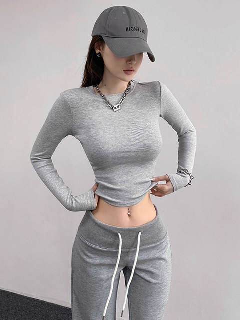 American-Style Spicy Girl Round-Neck Long-Sleeve T-Shirt for Women, New Autumn Slim-Fit High-Waisted Short Top for Layering