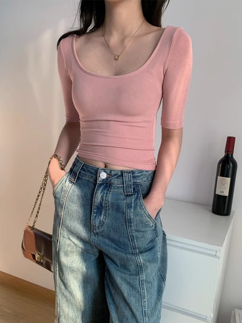 Large U-Neck Five-Quarter Sleeve Solid Color Top for Women, Summer 2025 New Popular Style, Unique Slim-Fit Tight Inner Wear Mid-Sleeve T-Shirt