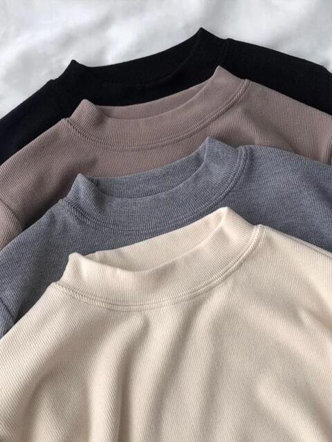 Women's Autumn and Winter Stylish Versatile Base Layer Long-Sleeve T-Shirt with Small Stand-Up Collar, Thin Fleece, Warm Brushed Fabric, Solid Color Top