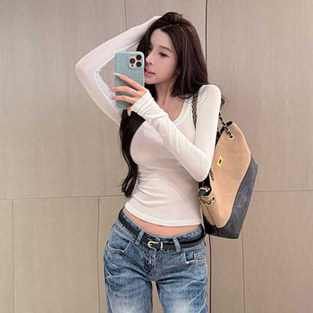 Sweet and Spicy Girl Sexy Low-Cut U-Neck Top for Women, Autumn and Winter American Style Short Slim-Fit Long-Sleeve Stretchy Inner T-Shirt Base Layer