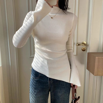 Half-Turtleneck Sweater Knitted Base Shirt for Women, Autumn and Winter, with Asymmetrical Hem, Irregular Base, Slit, Pleated, Slimming Top