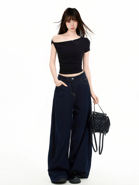 Black Asymmetrical Shoulder Twist Short-Sleeve T-Shirt for Women, Summer American Style, Slim Fit, Waist-Cinching, Slimming, Short Off-Shoulder Top, Trendy