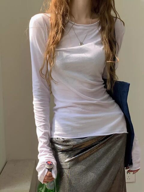Hong Kong Style Sexy Slightly See-Through Thin Long-Sleeve Base Shirt Slimming White T-Shirt for Women New Round Neck Slim-Fit Sun Protection Top