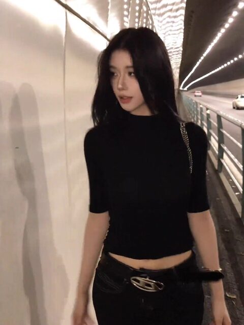 Black Half-High Collar, Regular Shoulder, Mid-Sleeve T-Shirt for Women, New Summer Style, American-Style Spicy Girl Tight-Fitting, Waist-Cinching, Short Base Layer Top