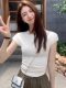 Short Round-Neck Short-Sleeve T-Shirt for Women, Summer 2025 New Design, Pleated Slim-Fit Slimming Top with Small Flutter Sleeves