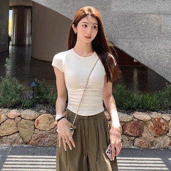 Short Round-Neck Short-Sleeve T-Shirt for Women, Summer 2025 New Design, Pleated Slim-Fit Slimming Top with Small Flutter Sleeves