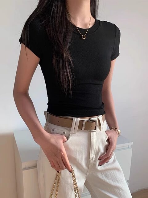 American Style Spicy Girl Shoulder-Baring T-Shirt for Women, Spring/Summer 2025 New Slim-Fit Short-Sleeve Top, Versatile and Flattering