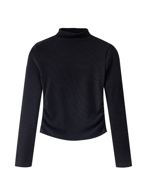 Hot Girl Style Pleated Waist-Cinching Long-Sleeve Base Shirt for Women, Autumn and Winter American-Style Slim-Fit Half-High Collar Short Top