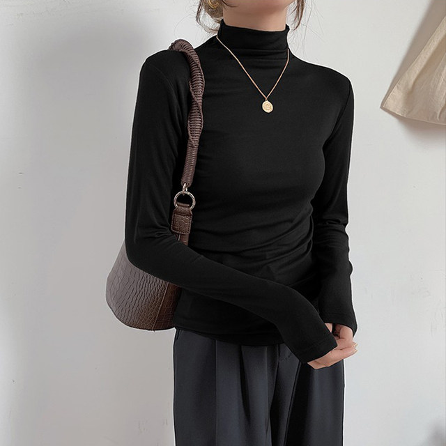 Autumn and Winter Thin Fleece Thermal Base Layer Modal Half-Turtleneck Brushed T-Shirt for Women, Slim Fit Layering Top Ins