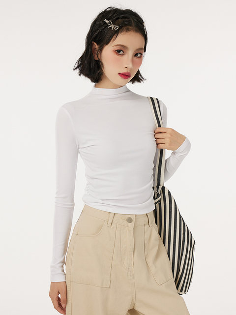 American-Style Half-High Collar Long-Sleeve Base Layer Top for Women, Autumn and Winter Design, Stand-Up Collar, Tight-Fitting, Pleated, Slimming Base Shirt