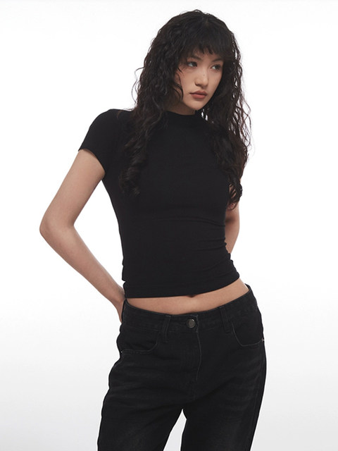 American Style Spicy Girl Tight-Fitting Half-High Collar Short Top for Women, Summer 2025 New Slim-Fit Regular Shoulder Solid Color Short-Sleeve T-Shirt