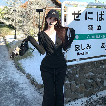 Fake Two-Piece Color-Blocked Long-Sleeve Base Shirt for Women, Autumn and Winter American Style Layered Wear with Thin Fleece, Slim Fit and Flattering Inner Top