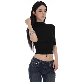 Minimalist Half-High Collar Mid-Sleeve T-Shirt for Women, Summer Style, Elegant, Slim-Fitting, Flattering, High-End, Versatile Base Shirt Top, Trendy