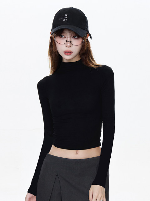 Tight-Fitting Long-Sleeve T-Shirt for Petite Women, Autumn and Winter American Style Slim-Fit Half-High Collar Base Layer Top