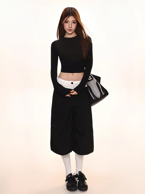 Pure Desire Hot Girl Round Neck Long Sleeve T-Shirt for Women, Early Autumn Korean Style, Waist-Cinching, Slimming, Inner Layering Top, Cropped Top