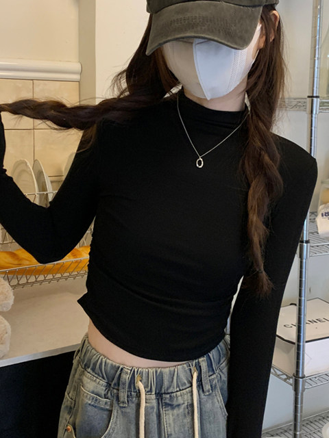 Hot Girl Style Pleated Waist-Cinching Long-Sleeve Base Shirt for Women, Autumn and Winter American-Style Slim-Fit Half-High Collar Short Top