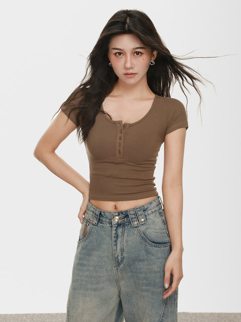 Stylish Short Half-Open Collar Short-Sleeve T-Shirt for Women, Summer Single-Breasted Half-Open Collar Sexy Slim-Fit Tight Top