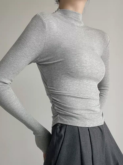 Tight-Fitting Small Stand-Up Collar Long-Sleeve Base Layer T-Shirt for Women, Autumn and Winter Style, Hot Girl Half-High Collar, Elastic Pleated Slimming Top