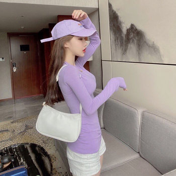 American-Style Spicy Girl Tight-Fitting Purple Long-Sleeve T-Shirt for Women, Super Stylish and Slimming Round-Neck Base Shirt for Autumn and Winter