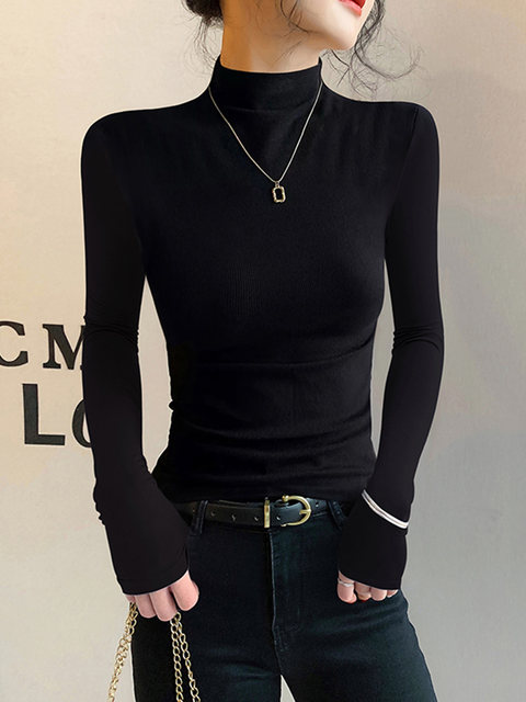American-Style Half-High Collar Base Layer T-Shirt for Women, Suitable for Autumn and Winter, with a Stylish Design, Tight-Fitting, Slimming, Long-Sleeved, Fashionable Top