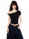 Black Asymmetrical Shoulder Twist Short-Sleeve T-Shirt for Women, Summer American Style, Slim Fit, Waist-Cinching, Slimming, Short Off-Shoulder Top, Trendy